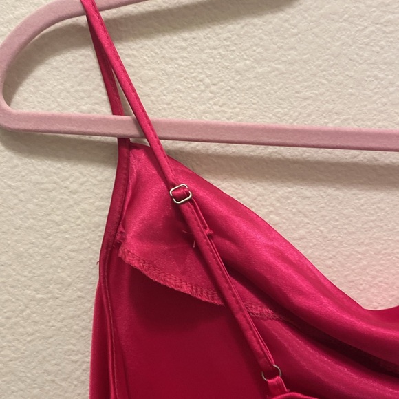 SATIN COWL NECK SLIP MIDI DRESS IN FUSHIA - Picture 9 of 10